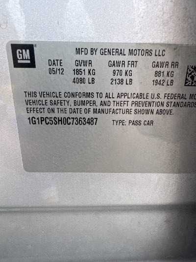 2012 Chevrolet Cruze Location - GM - Row 38 - Stock # H49226