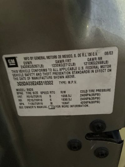 2004 Buick Rendezvous Location - GM - Row 27 - Stock # H49661