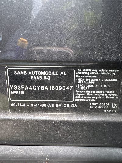 2010 Saab 9-3 Location - Imports - Row 17 - Stock # H49237