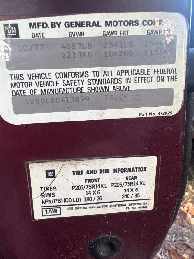 1978 chevrolet el camino Location - GM - Row 27 - Stock # H48122