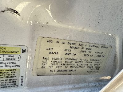 2010 Chevrolet Aveo Location - GM - Row 34 - Stock # H48961