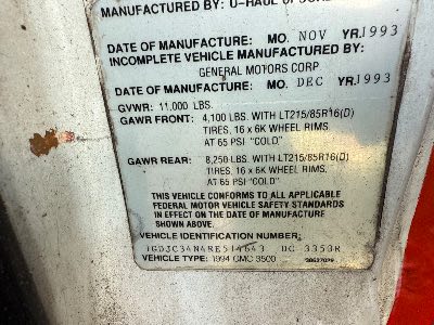 1994 GMC Sierra C/K 3500 Location - Large Trucks & Vans - Row 20 - Stock # H48547