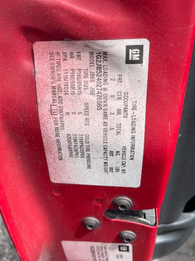 2002 Pontiac Sunfire Location - GM - Row 37 - Stock # H51485